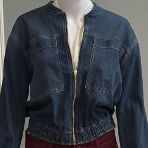 White House Black Market Dark Wash Denim Bomber Jacket Zip Front Size M